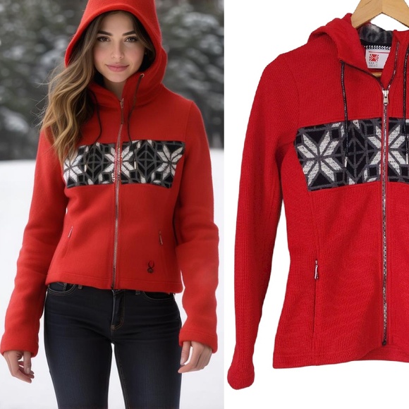 Spyder Women’s Red Nordic Snowflake Full Zip Hoodie Knit Sweater - Picture 1 of 13